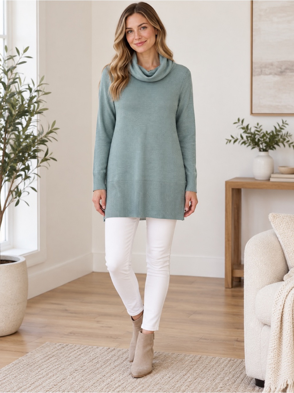 Cowl Neck Tunic Sweater Seafoam Blue Heathered Ribbed Knit Side Slits Size M